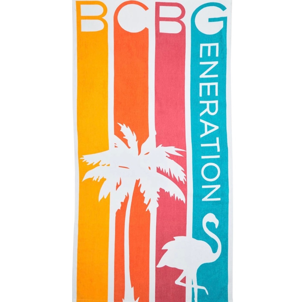 BCBGeneration Striped Palm Logo Cotton Beach Towel, DRIPPING STRIPES, NWT